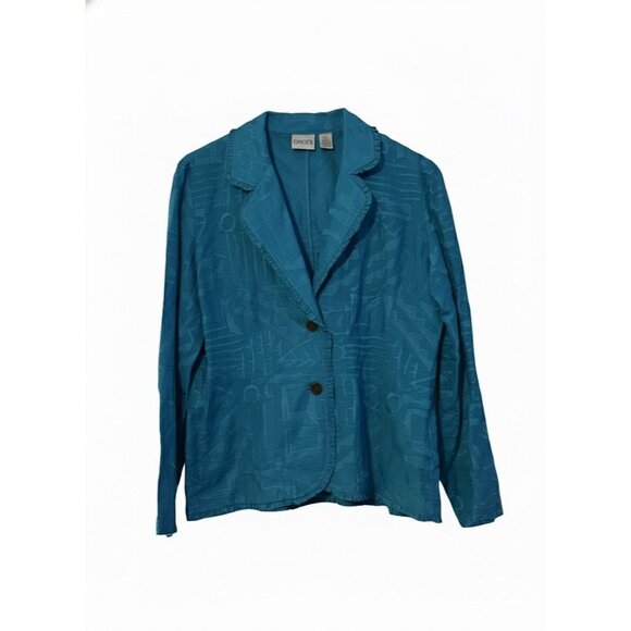Chicos Turquoise Silk Linen Blend Jacket w Geometric Pattern Sz 1 (Sz 8) Sheer - Picture 2 of 4